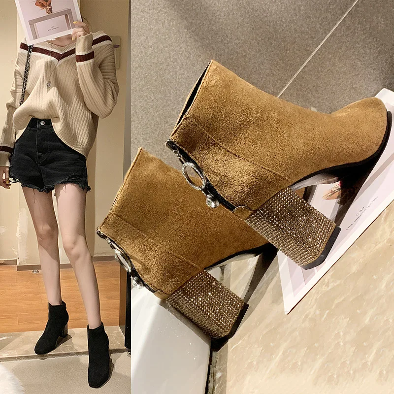 

Chunky Heel Brand Women's Shoes Autumn Boots Round Toe Lace Up Low Heels booties Chelsea Bootee Woman 2019 Crystal Booties