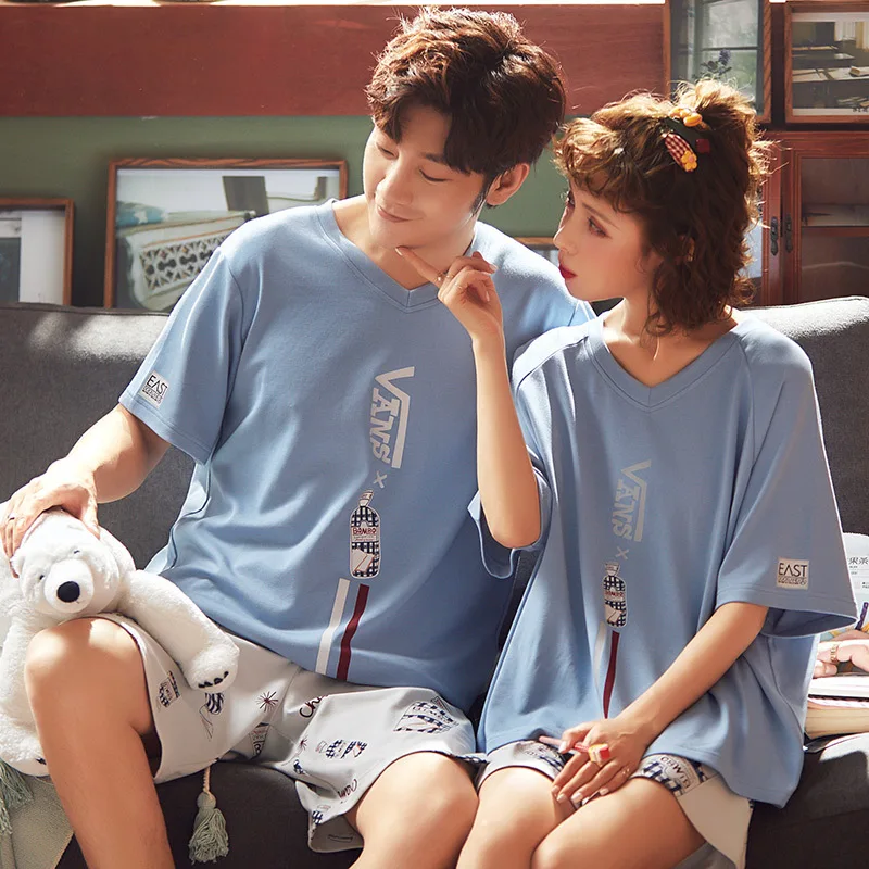 pyjamas women 2020 New Couple's Pajamas Women's Summer Short-Sleeved Cotton Thin Leisure Tops Men's Loose Summer Two Piece Suit