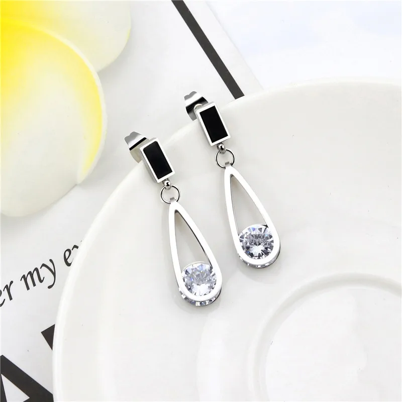 

Fashion Water Drop Zircon Pendant Earrings Stainless Steel For Women Girls High Grade Geometric Stud Ear Jewelry Party Gifts