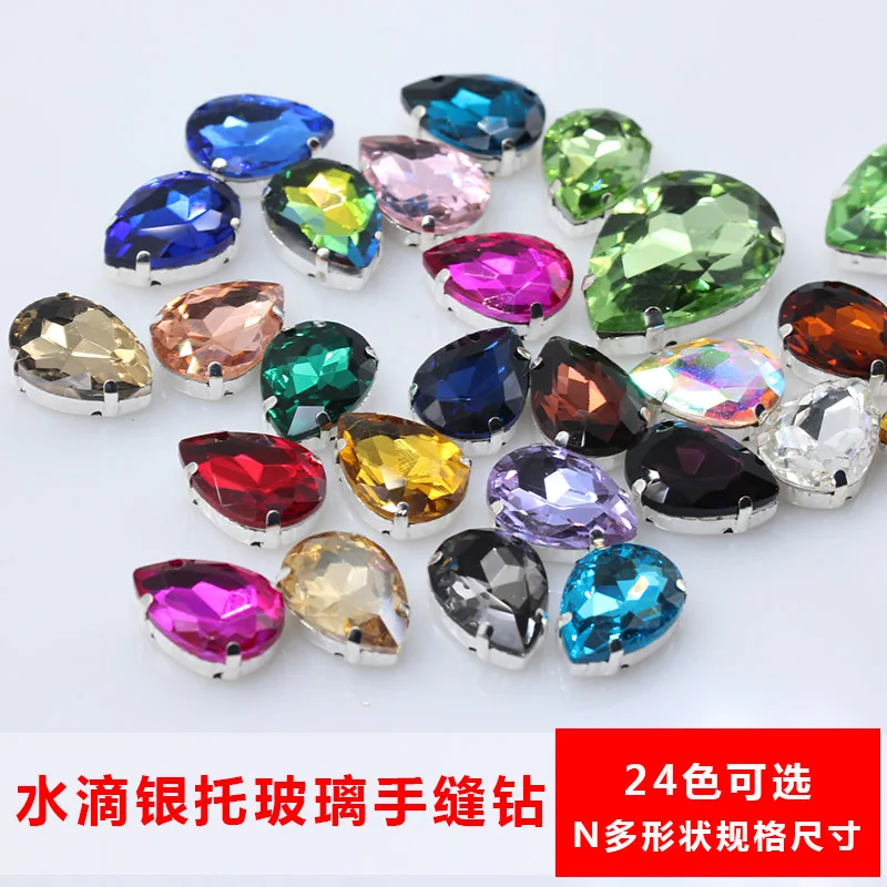 4-40MM 24-Colors Sew on Water Drops Rhinestone Crystal Silver Claw Button Teardrop For Jewelry/ Wedding Dress Bag Shoe Diy Trims