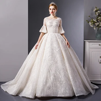 شراء7017 فساتين زفاف بلينغ بلينغ ترتر مع كم مطرز بظهر مفتوح Vestido De Noiva حجم كبير Simles Barato Suknie ślubne