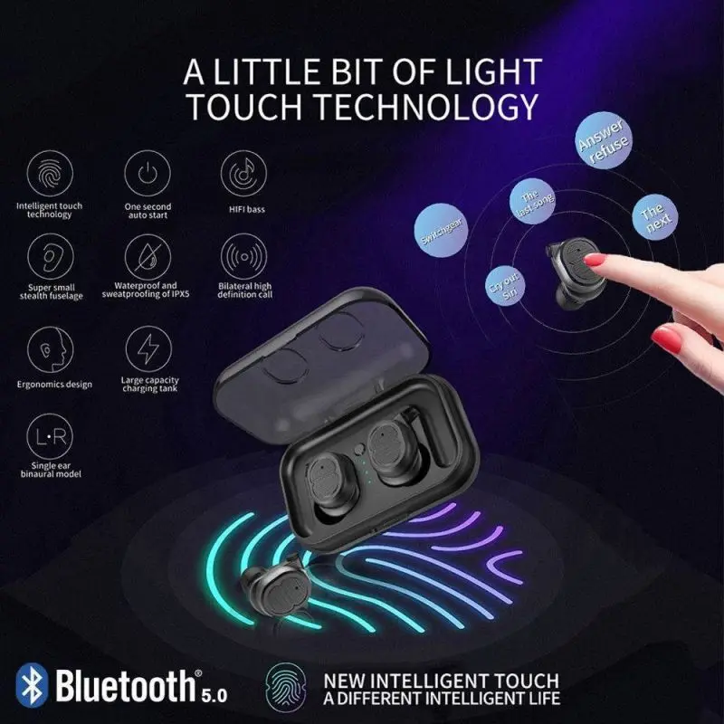 TWS Wireless Bluetooth 5.0 Earphone 3D Stereo Sports Waterproof Ear Hook Wireless Headset Earbuds Touch for All Smart Phone