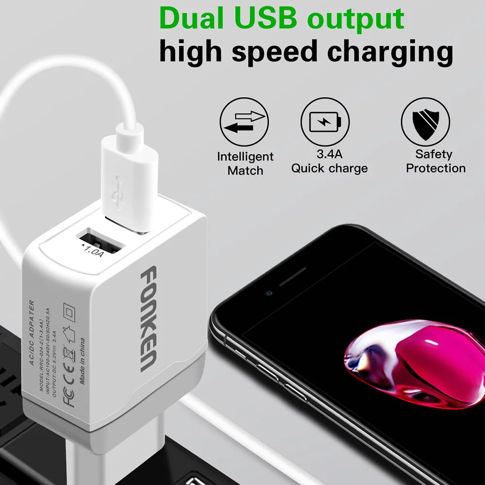 FONKEN Dual USB зарядное устройство для телефона 2 порта 5 в 3.4A телефон планшет универсальный настенный адаптер Смарт зарядное устройство для Samsung huawei Xiaomi