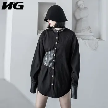 

HG PU Leather Splice Blouse Women Streetwear Shirt Personality Womens Tops and Blouses Harajuku 2019 Autumn New Clothing ZYQ1843