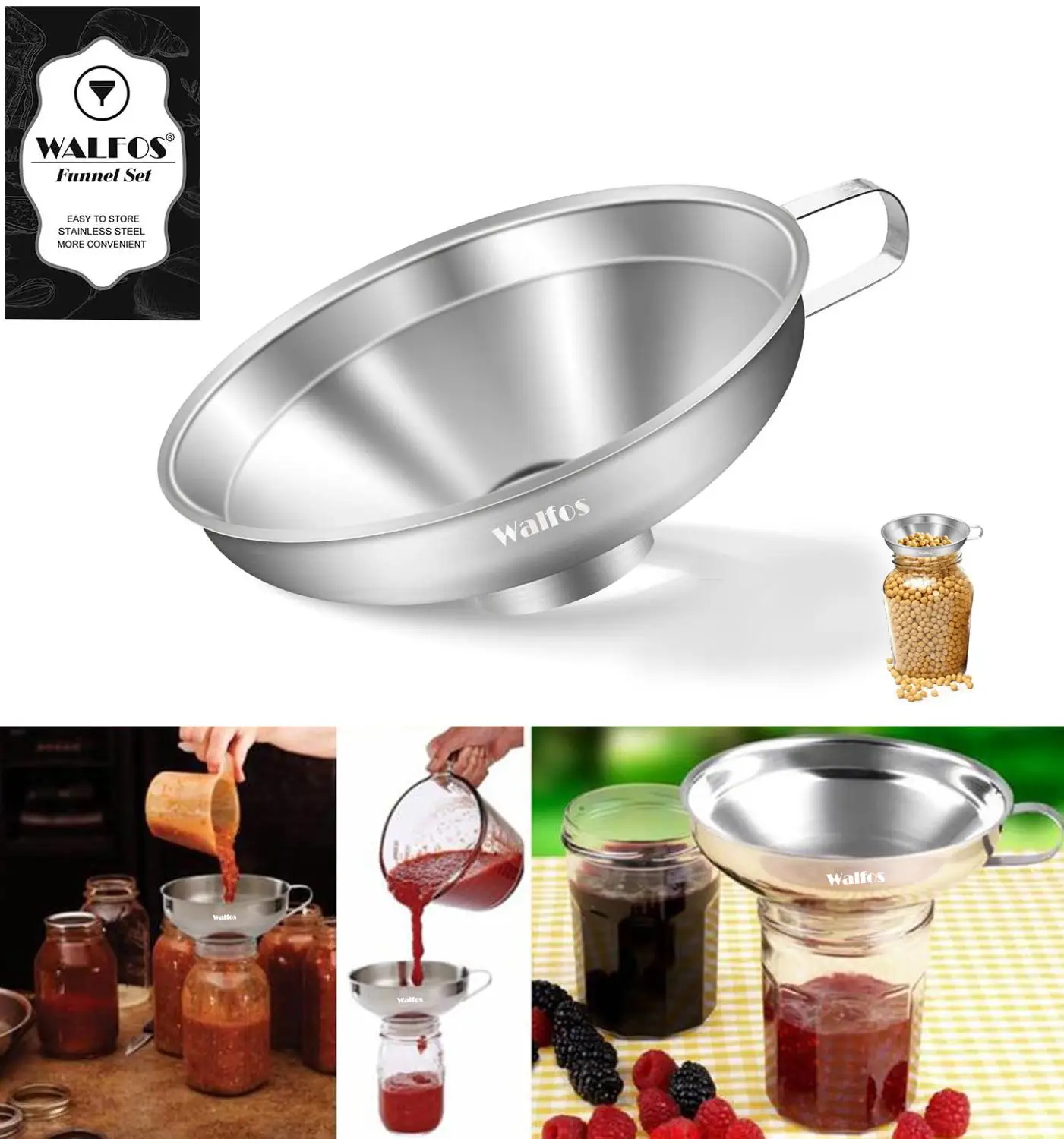 

WALFOS Stainless Steel Wide-Mouth Funnel with Handle for Regular Mason Canning Jars Transferring Liquid and Dry Ingredients