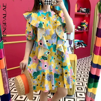 

SHENGPALAE 2020 New Summer Women Vintage Loose High Waist Slim Was Thin Elegant Floral Round Neck Short Sleeve Dress ZA4121
