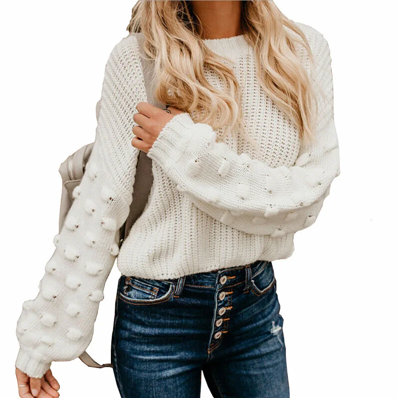

Women short sweater Solid Color Loose Sweater Tops warm autumn winter ladies Round Neck Lantern Sleeve plus Size knitwear jumper