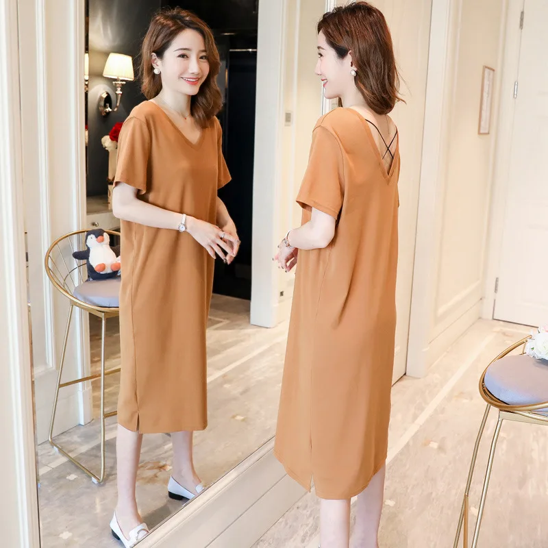 

2020 Pregnant Women Summer Wear New Style Pure Cotton Modal Elasticity Dress Loose-Fit Fashion V-neck Backless Large Size T-shir