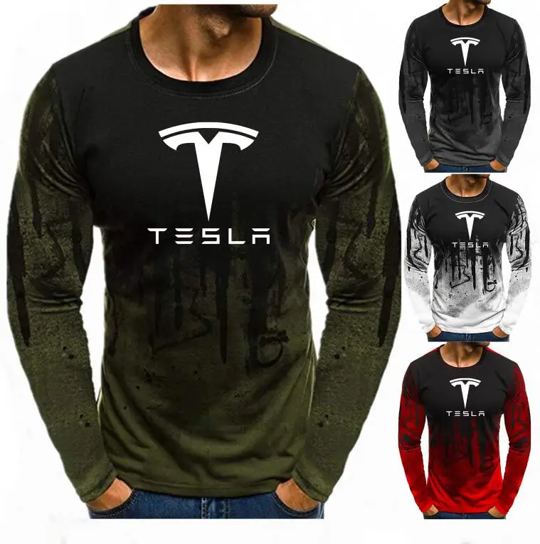2019 Tesla Print t-shirt men Gradient Color Cotton Long-Sleeve Beefy Muscle Basic Solid Blouse Tee Shirt Top Casual tshirt | Мужская
