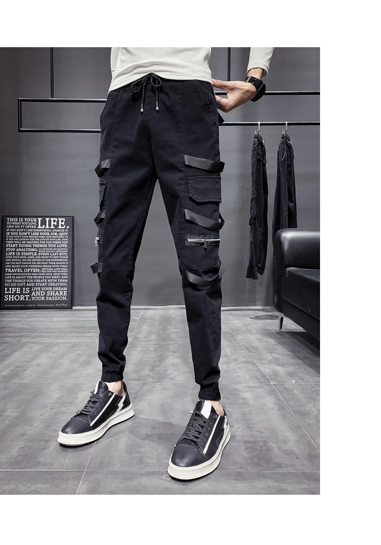 Pantalones hombre, Осень-зима, уличная одежда, мужские брюки-карго, универсальные, с боковыми карманами и лентами, повседневные мужские штаны для бега в стиле хип-хоп