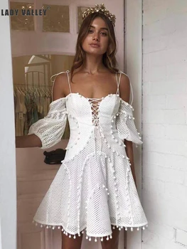 

Free shipping heavy craft decorative fur ball lace hollow out sexy leaky shoulder white dress lady summer personality