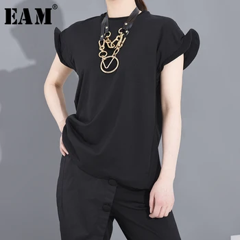 

[EAM] Women Black Shaped Split Jooint Big Size T-shirt New Round Neck Short Sleeve Fashion Tide Spring Summer 2020 1S68301