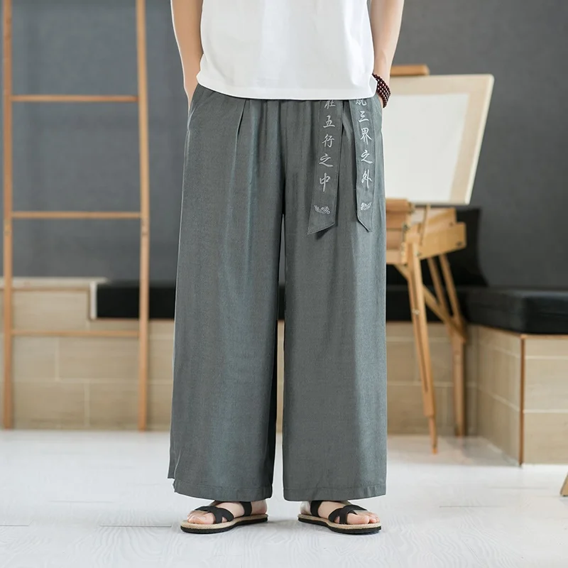 Men Cotton Linen Wide Leg Pants Summer Harajuku Male Streetwear Harem Pants Man Chinese Style Hanfu Kongfu Trousers Skirt 31121
