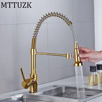 

Golden Spring Kitchen Faucet Pull out Side Sprayer Dual Spout Single Handle Mixer Tap Sink Faucet 360 Rotation Kitchen Faucets