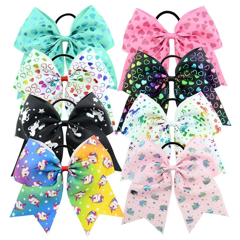 

8 Inch Children Color Gradient Unicorn Heart Printing Hair Accessories Ribbon Swallowtail Big Bow Elastic Rubber Band Hair Ring