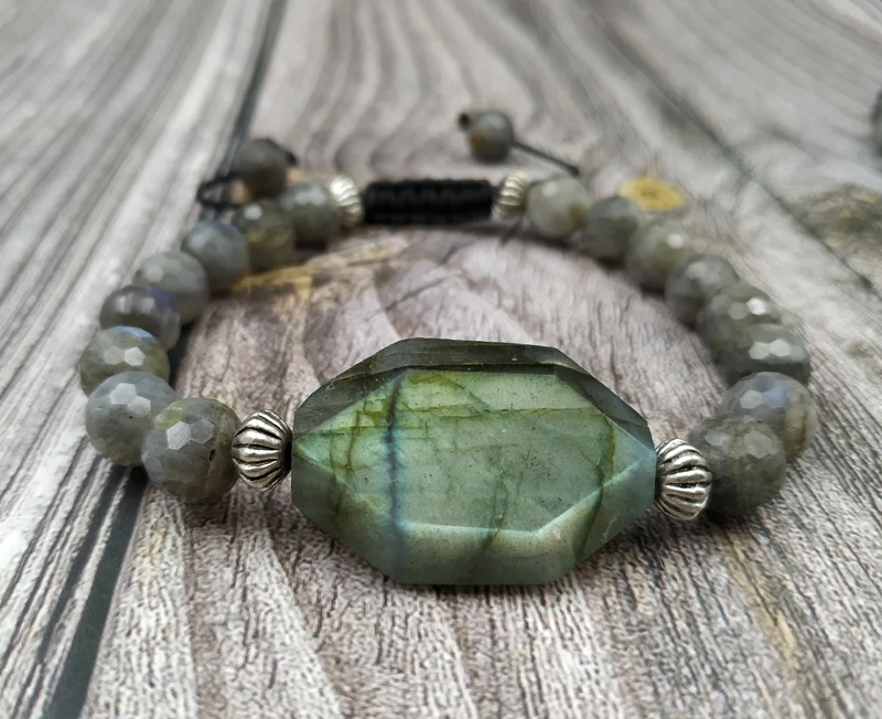

YA4005 Natural Labradorite Stone Beads Cord Knot Bracelet Adjustable
