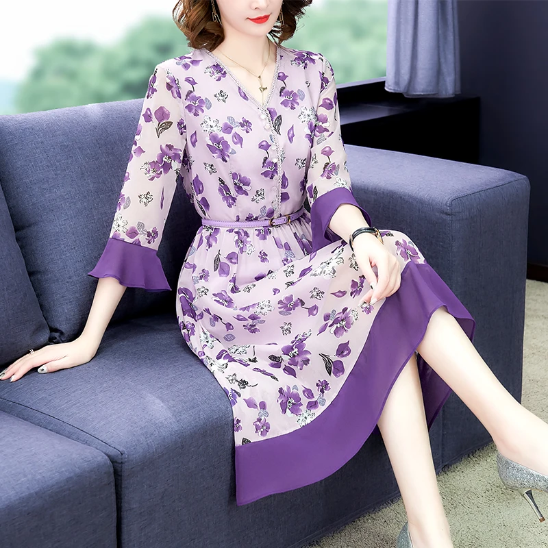 

2019 Autumn New Arrival High Quality Elegant Flower Printed V Collar Flare Sleeve Woman Chiffon Long Dress