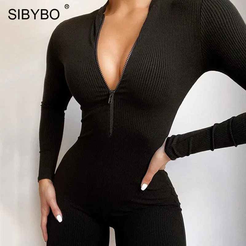 SIBYBO Ribbed Sport Wear Casual Playsuits Womens Jumpsuit Long Sleeve Zipper Summer Women Rompers Sexy Short Women Jumpsuit SIBYBO Ribbed Sport Wear Casual Playsuits Womens Jumpsuit Long Sleeve Zipper Summer Women Rompers Sexy Short Women Jumpsuit