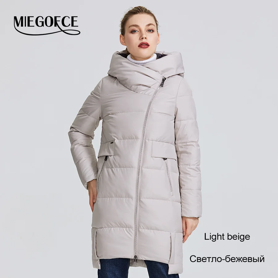 303 Light beige MIEGOFCE Зимняя коллекция женская зимняя куртка сделан с настоящего биопуха ветрозащитный стоячий воротник с капюшоном пуховик имеет несколько необычных расцветок кривая что придает этой модели особенный стиль - Цвет: 303 Light beige