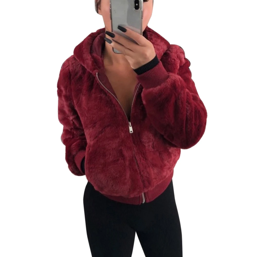 2019 New Faux Fur Coat With Hood High Waist Fashion Slim Black Red Pink Jacket Fake Rabbit | Женская одежда