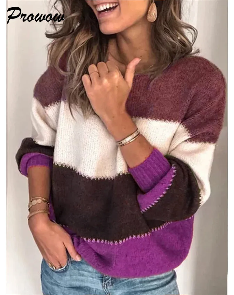 Patchwork Knitted Sweaters For Women's O-neck Pullover Ladies Warm Sweater Pullover Plus Size Tops For Female Oversized Jumper