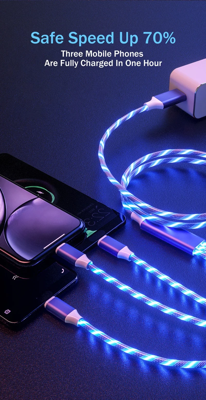 Tongdaytech 3 in 1 USB Fast Charger Flowing Colors LED Glow Usb Cable Quick Charge Carregador Portatil For iPhone Xiaomi Samsung Fast charge 18w