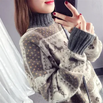 

Christmas deer loose sweater female autumn and winter striped long-sleeved thick warm jacquard sweater