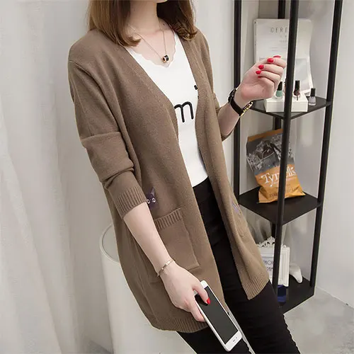 dark khaki Женский длинный вязаный кардиган TIGENA, свитер сдлинным рукавом, кардиганы и жакеты для женщин на осень-зиму2019 - Цвет: dark khaki