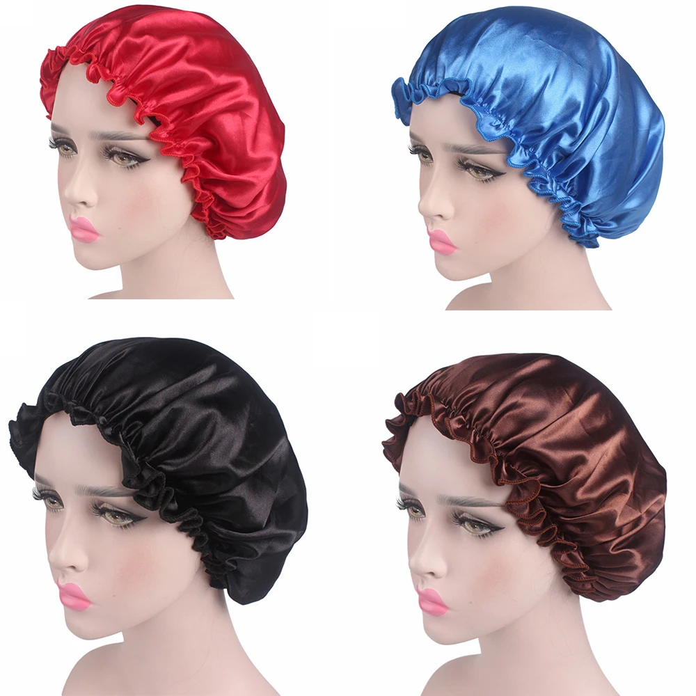 1pc Hair Styling Sleep Caps Fabric Hair Bonnet Satin Lined Sleep Cap Night Hat Adjust Shower Cap Silk Bonnets