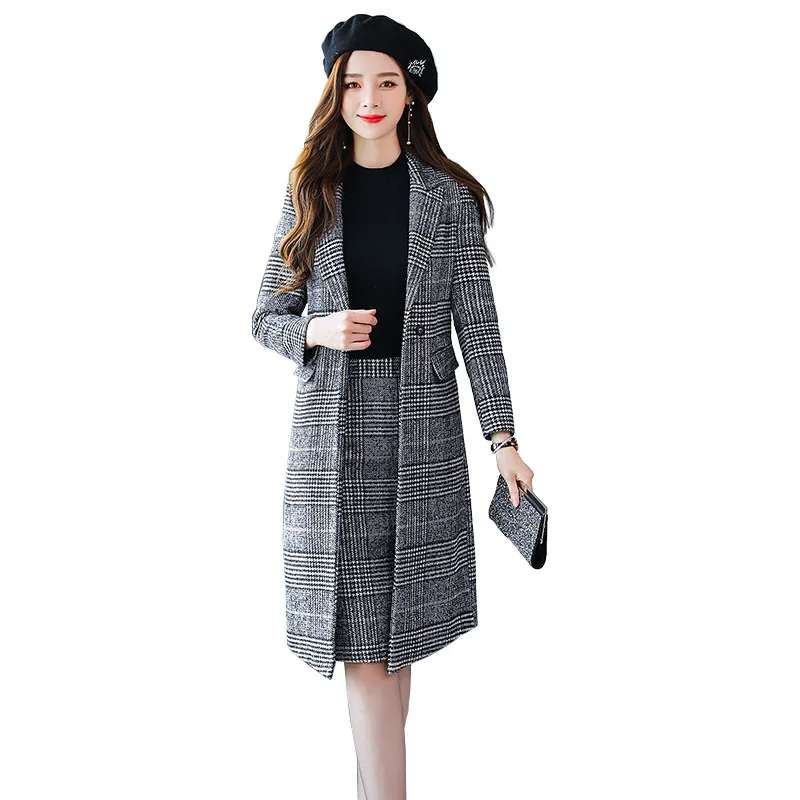 

Plaid Woolen Coat Women's Mid-length Elegant Thousands of Birds Autumn And Winter Graceful Thick Woolen Overcoat Two-Piece Set F