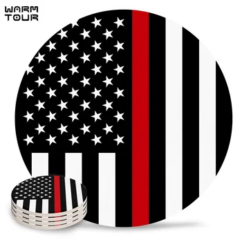 

4/6/8 PCS Red Line American Flag Respect Placemat Ceramic Drink Coasters Table Decoration Kitchen Accessories Absorbent Moisture