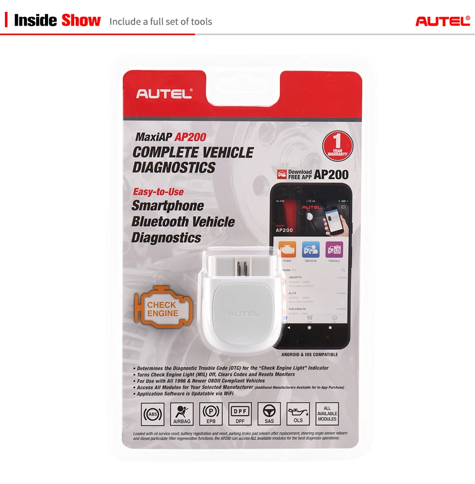 Autel AP200 Bluetooth OBD2 сканер считыватель кодов AP 200 Полная диагностика системы AutoVIN TPMS IMMO