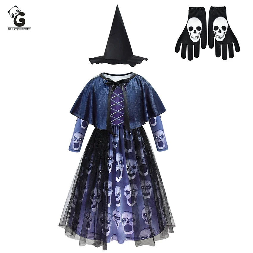 Ужас ведьмы платье страшный Скелет ведьмы Костюмы Дети Хэллоуин костюмы для детей демон Пурим Хэллоуин одежда Труп невесты