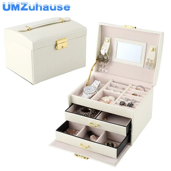 

Pink Jewelry Boxes Three Layers Casket Drawer Dividers Organizer PU Leather Storage Bins Portable Ornaments Container For Girls