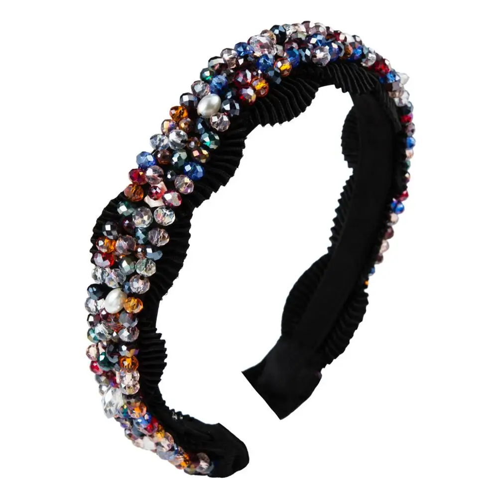 Bohemian hand-stitched beads hairband women multi-color crystal headband dance party travel show hair accessories - Цвет: Black