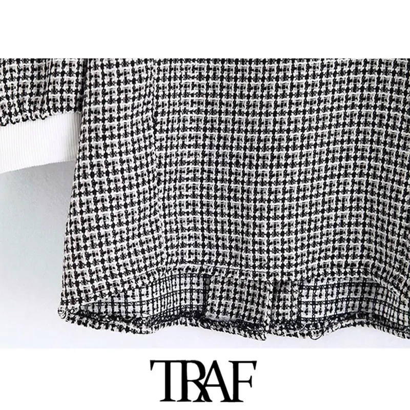 TRAF, женские винтажные милые короткие стильные клетчатые твидовые блузки, модные женские рубашки с отложным воротником и коротким рукавом, шикарный укороченный топ