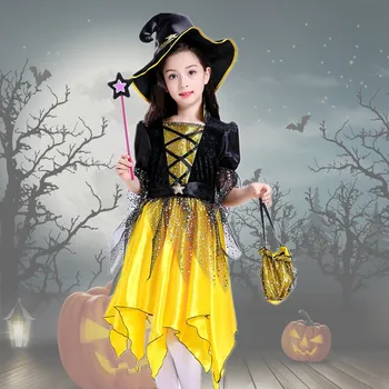 

Explosion Halloween costume childrens princess dress yellow elf fashion mosaic dress girls Halloween costume trend