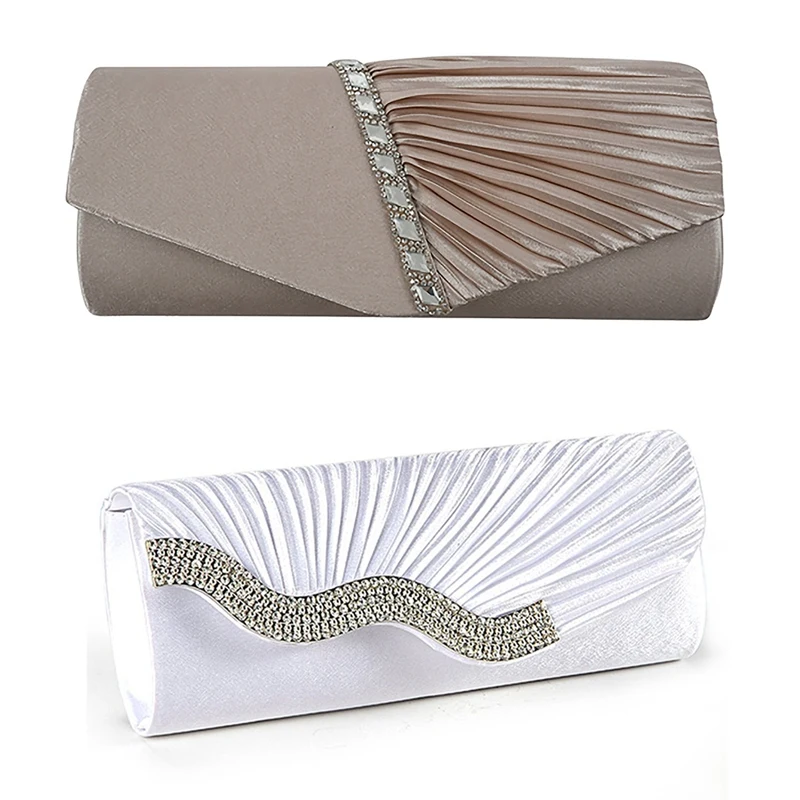 

ABZC-Evening Clutch Wallet Fabric Baguette Type Satin Pleated with Serti Waterfront Strass White & Ladies Diamond Ruffle Party P