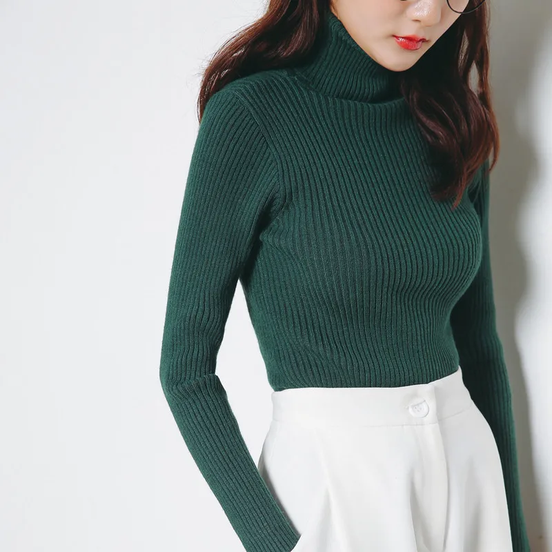 

Fashion Women's Autumn Winter Knitting Sweaters Green Turtle Neck Sheath Slim Sweater High Neck Long Sleeve Elegant Pullovers