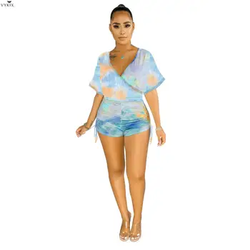 

2020 Women V-neck Short Jumpsuits Rompers Tie Dye Print Lace Up Fitness Playsuit Sexy Night Clubwear Party One Piece Outfits