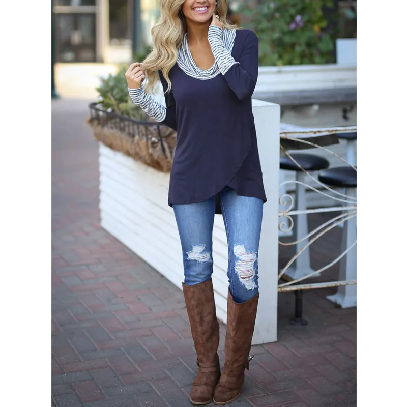 Модная полосатая рубашка с высоким воротником, с цветными блоками, с длинным рукавом для женщин, Осень-зима, Необычные пуловеры размера плюс