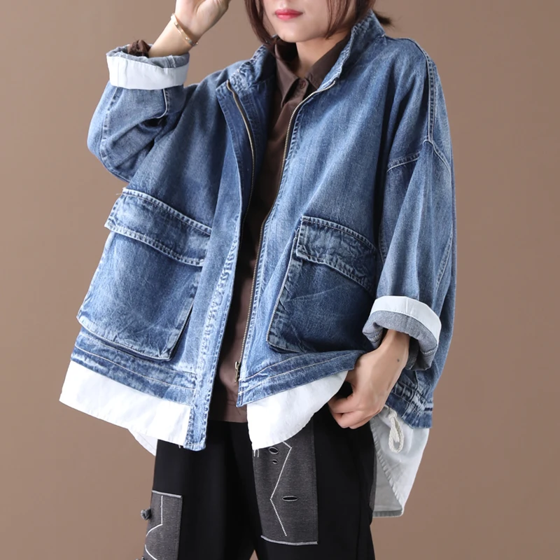 

Female new autumn and spring plus plus size outerwear korean style literary washed casual with zipper loose short denim trench