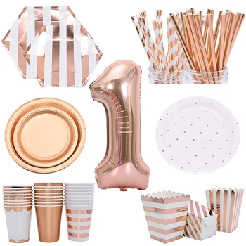 

Rose Gold Birthday Party Disposable Tableware Set Paper Cup Plate Straws Supplies for Kid Wedding Party Decor Baby Shower Party
