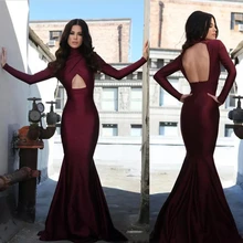Burgundy Satin High Neck Sexy Formal Evening Dresses Long Sleeve Prom Dresses Backless Long Pageant Party Gowns Robes de soirée