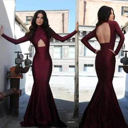 Burgundy Satin High Neck Sexy Formal Evening Dresses Long Sleeve Prom Dresses  Backless Long Pageant Party Gowns Robes de soirée