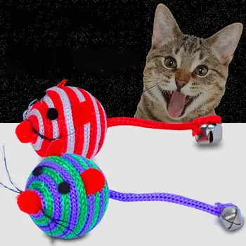 

1PC Lovely Stripe Nylon Rope Round Ball Mouse Long Tail Pet Bite Play Toy With Metal Bell Pet Supplies