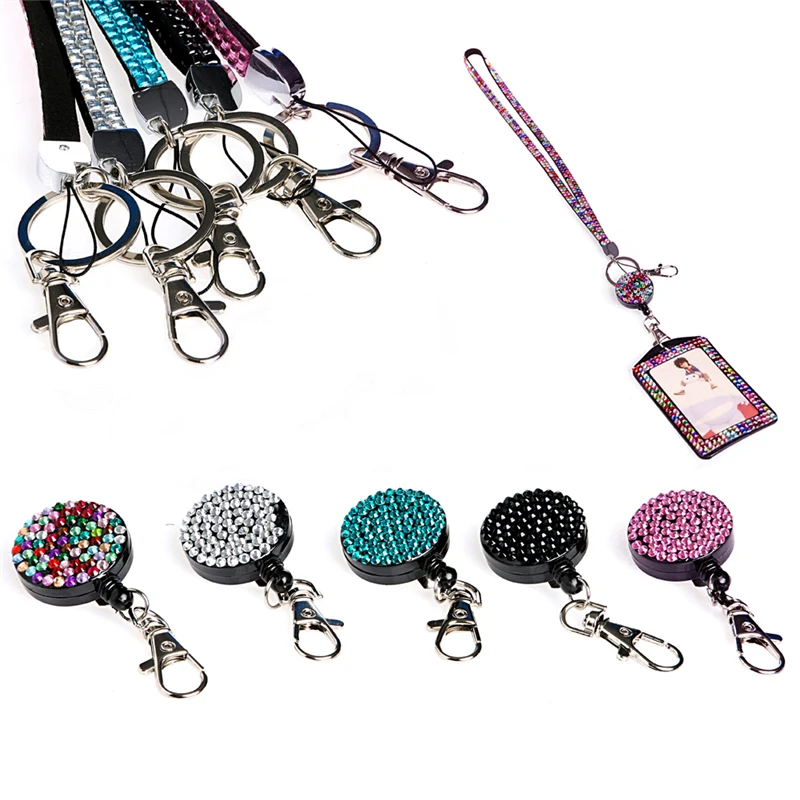 

Lobster Clasp Vinyl Retractable line Key Holder Multicolor Retractable Rhinestone Crystal Bling Neck Lanyard With Badge Reel