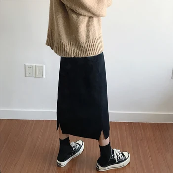 

2020 Solid Color Casual Midi Skirt Women High Waist Winter Warm Knitted Straight Skirt Ribbed Ribbed Mid-Long Skirt Black