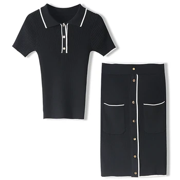 

Runway Fashion Striped Rib Knitted Women Blazer Suits Short Sleeve Bottons Top Skirt Set Slim Office Ladies Two-piece Sets