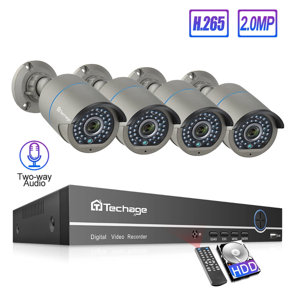 Techage 4CH h.265 48В PoE NVR система 2 сторонняя Audio1080P CCTV камера 2MP наружное ночное видение P2P